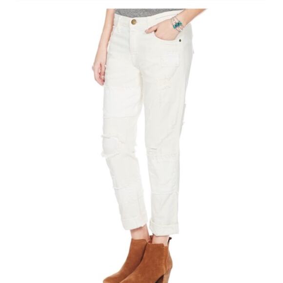 Current/Elliott The Fling White Moto Distressed Slim Boyfriend Patch Jeans 28 - Picture 5 of 10
